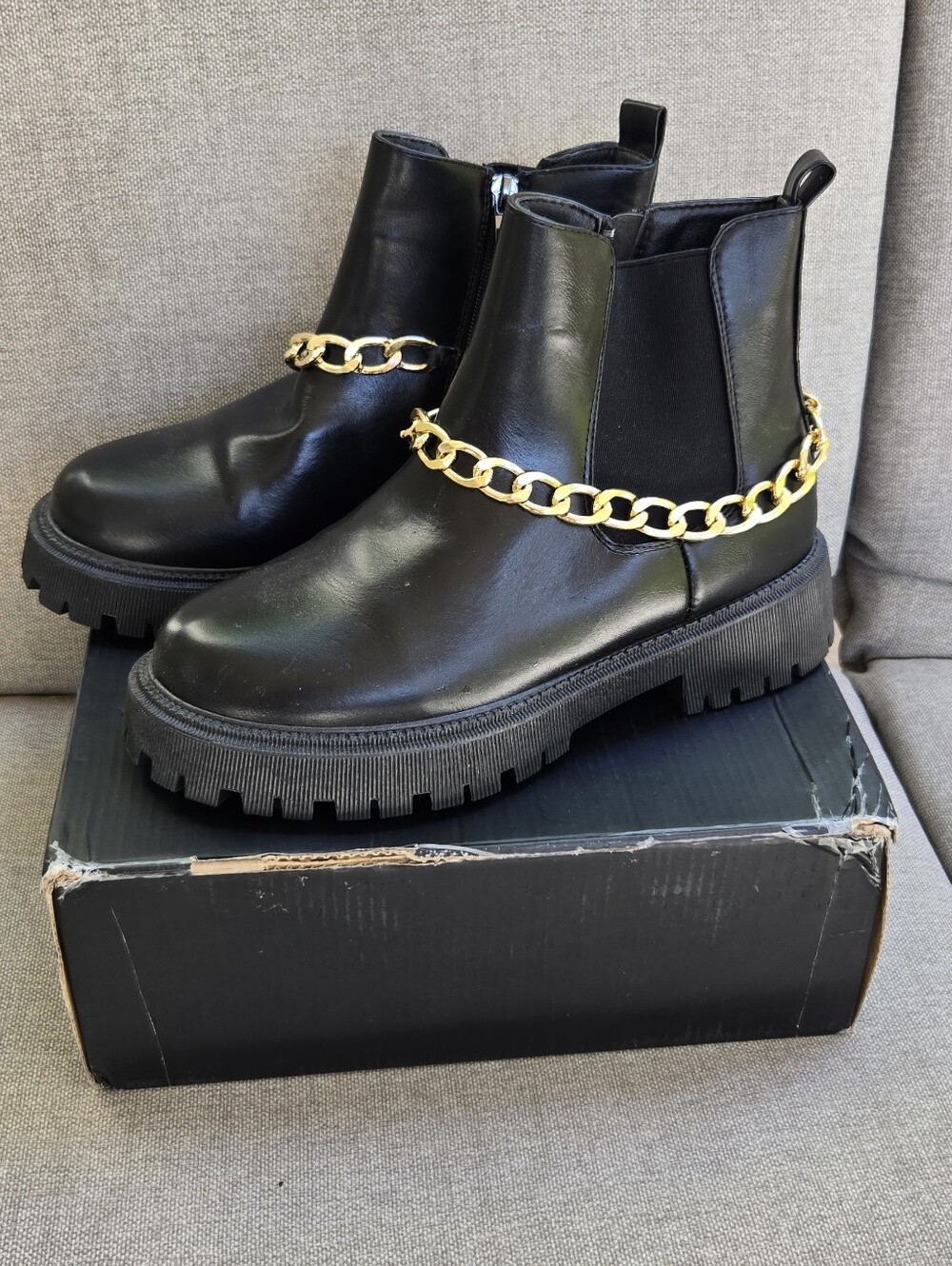 Fashion Nova Black Platform Boots with Gold Chain
